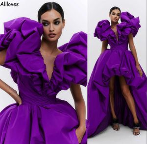 Exag￩r￩ Puffy Courtes courtes Robes de bal violet Sexy V Neck Long Soight Party Robes Fashion Hi-Lo Robe de bal moelleuse Femmes Special Occasion Robe formelle CL1688