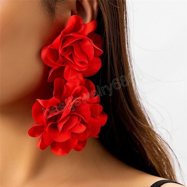 Pendientes de gota de flor de pétalo rojo exagerados para mujer, pendientes colgantes de rosa con borla larga hechos a mano bohemios, joyería estética