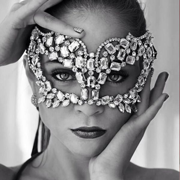 Masque sexy en strass exagéré, couverture de visage, bijoux de mariage pour femmes, mascarade en cristal, masque élastique, décoration de tête, 240223