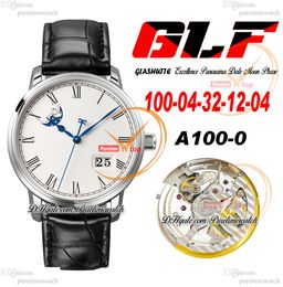 GLF Excellence Panorama Date Moon Phase A100-0 Montre automatique pour homme Boîtier en acier Cadran romain blanc Cuir noir Super Version Edition Herrenuhr Reloj Hombre Puretime 1