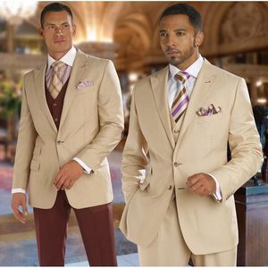 Excellent Beige Groom Tuxedos Peak Lapel Deux Boutons Hommes Robe De Mariée Meilleur Populaire Hommes D'affaires Prom Costume Collectif (Veste + Pantalon + Cravate + Gilet) 9