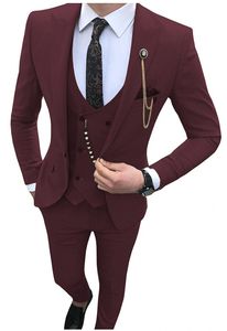 Excellent Bourgogne 3 Pièces Costume Hommes Smokings De Mariage Peak Revers Marié Smokings Hommes Dîner D'affaires De Bal Blazer (Veste + Pantalon + Cravate + Gilet) 666