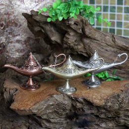 Uitstekende sprookje Aladdin Magic Lamp Wierookbrander Vintage Retro Thee Pot Genie Lamp Aroma Stone Home Ornament Metal Craft