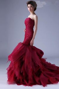 Excellent Mermaid Burgundy Dark Red Wedding Dresses Sweetheart Pleats Ruffles Skirt Corset Back Women Non White Bridal Gowns With Color