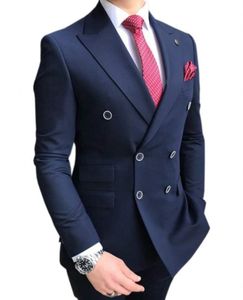 Excellent Tuxedos de marié bleu marine pour hommes, robe de mariée, revers en pointe, Double boutonnage, Blazer pour bal de promo/costume Darty