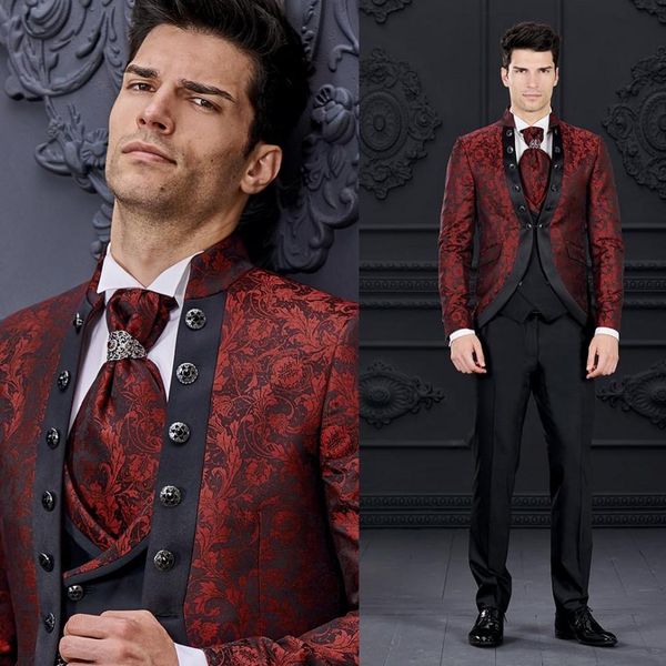 Excellent Paisley Groom Tuxedos Bourgogne Groomsman Mariage Tuxedos Mode Hommes Prom Veste Blazer 3 Pièces Costume (Veste + Pantalon + Cravate + Gilet) 2260