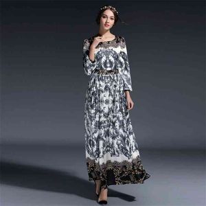 Uitstekende kwaliteit EST Designer Lange jurk Dames Elegante Lantaarn Mouw O-hals Retro Floral Gedrukt Casual 210521