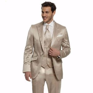Excellent Beige Brillant Groom Tuxedos Groomsman Hommes Costumes D'affaires Formels Hommes Costume De Dîner De Bal Personnaliser (Veste + Pantalon + Cravate + Gilet) NO: 846