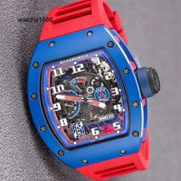 Reloj exclusivo Relojes de pulsera calientes Reloj de pulsera RM Rm030 Lado de cerámica azul Rojo Paris Esfera limitada 42,7 * 50 mm con seguro