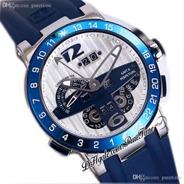 Executive El Toro Calendario perpetuo GMT Reloj automático para hombre 326-00-3/BQ Caja de acero Bisel azul Esfera plateada blanca Correa de caucho Relojes de edición limitada Puretime F26F6