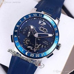 Executive El Toro Calendario perpetuo GMT Reloj automático para hombre 326-00-3/BQ Caja de acero Esfera azul Marcadores plateados Correa de caucho Relojes de edición limitada Puretime F26D4