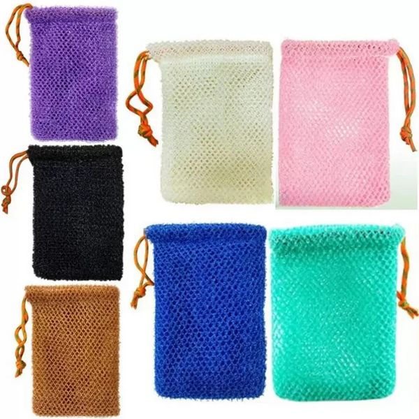 Bolsas de malla exfoliante Bolsa de ahorro para la ducha Masaje corporal Depurador Orgánico natural Ramio Jabón Titular Bolsa Bolsillo Loofah Baño Spa Espuma de burbujas con cordón CPA5723