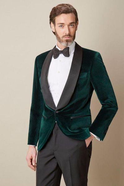 Tissu de velours exaltant Costumes décontractés pour hommes Deux pièces (Blazer + Pantalon) Tuxedos de mariage vert foncé Mode Châle Revers Garçons d'honneur Costumes de bal