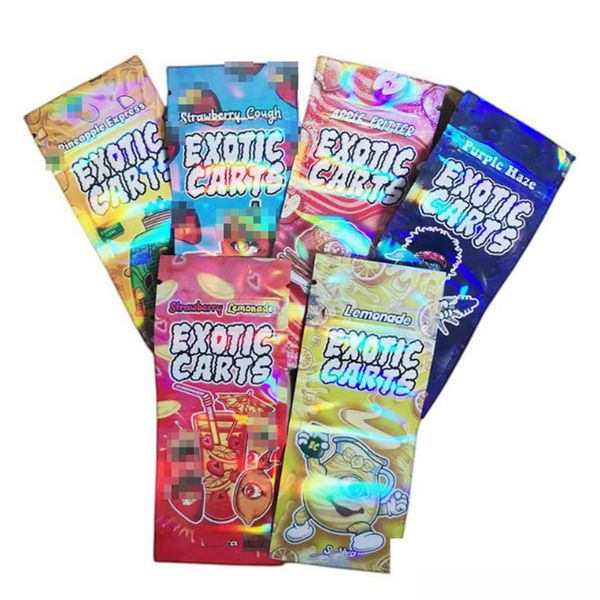 Chariots exotiques sacs d'emballage ziplock vide 20flavors plastiques 1,0 ml de réservoirs 510 alcool 5x12 cm Proof Mylar Sac en gros