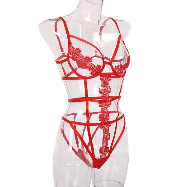 Conjunto de ropa interior exótica para mujer Conjunto de lencería sexual Perspectiva Encaje Halter Bralette Sujetador abierto Entrepierna abierta Bragas Mallas Lencería 210515