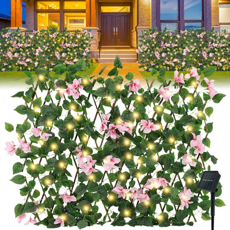 Expandable Fence With White Rose Morning Glory Sunflower Violet And Solar Light String Stretchable Flower Privacy Faux Ivy