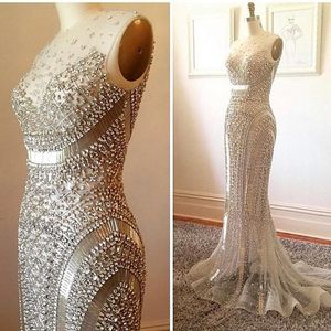 Dure luxe jurken avondkleding 2016 sexy pure sparkly kralen kristal juweel nek elegante zeemeermin illusie formele jurken hof trein
