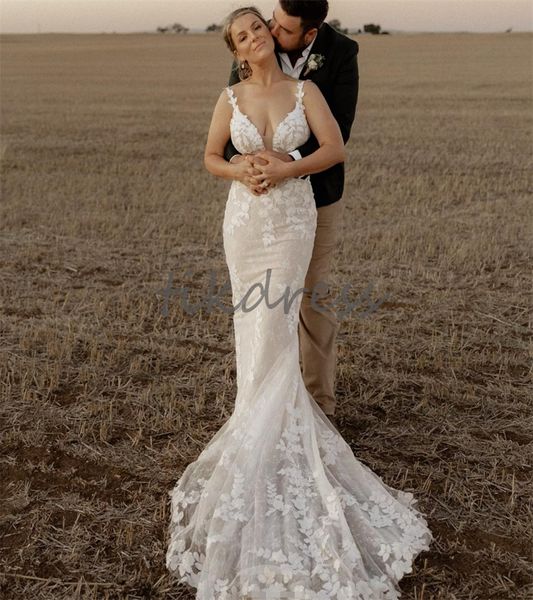Robes de mariée de sirène chères 2024 bretelles spaghetti plus taille country robe nuple appliques en dentelle spaghetti bretelles