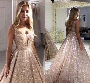 Dure Rose Gold Sequined Prom Avondjurken Sexy V-hals V Open Back Empire Taille Bling Feestjurk voor speciale gelegenheden lang