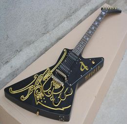 Explorer Shaped Goose-vorm elektrische gitaar klassieke zwarte body goudpoeder gegraveerd patroon7380114