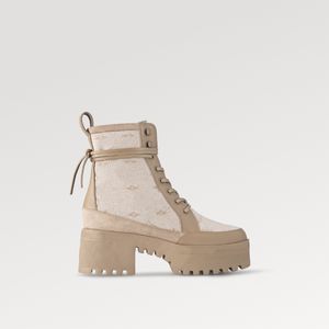 Explosion hot Laureate Platform Desert Boot pour femmes 1AC9PR Lin beige Lacets en cuir Garniture en cuir de veau en daim Semelle extérieure en caoutchouc crantée Créateur de luxe Comptoir avec boîte