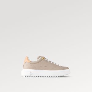 Explosie hete Time Out-sneaker voor dames 1ACHPG Galet Grijs Geperforeerd kalfsleer gegraveerde oogjes signatur Vrijetijdsschoenen Verhoogd rubber met profiel Toonbank met doos