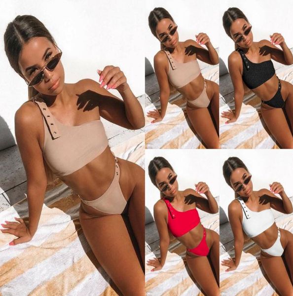 Modèles d'explosion bikini dames maillot de bain fendu une épaule couleur unie poinçonnage sexy bikini européen et américain