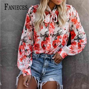 Modelos de explosión blusas moda flores rojas impresión señoras camisa top mujer arco cuello manga larga casual camisas blusa 210520