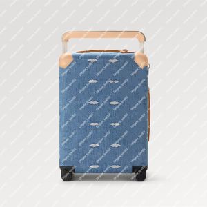 Explosie Nieuwe horizon 55 M24314 Bleu denim champagne-kleur hardware extra-brede riet hendel lederen hoeken ritssluiting tsa combinatie slot elastische riemen top