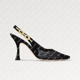 Explosie Nieuwe dames sprankeling Slingback-pomp 1ACGK5 Zwart doorzichtig kanten elastische elastische riem gegraveerde ketting gebogen hiel nautisch geïnspireerde ketting rugriem luxe