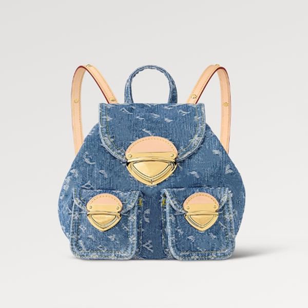 Explosion M46836 New Remix Venice bolso mochila pequeño para mujer Denim presenta tres bolsos con solapa y cierres dorados Large Blue Global Organic Standard canvas Natural