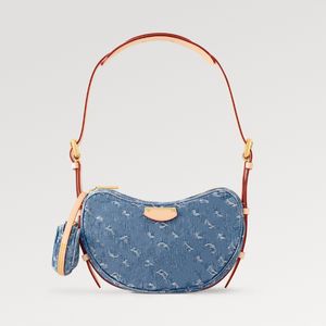 Explosion M46856 New Remix Croissant MM sac à main en coton biologique Denim toile sophistication décontractée polyvalent mini Bleu Fermeture éclair version épaule sac