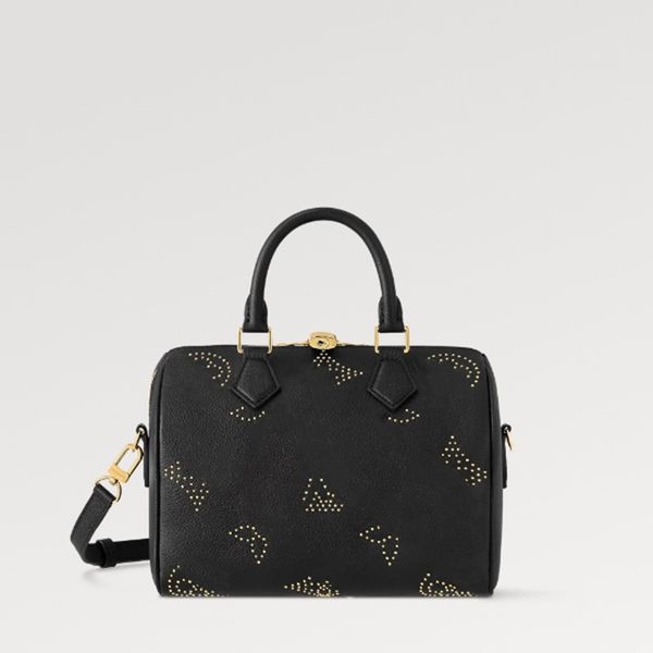 Explosion Nouveaux sacs Femme M46736 Sac à main Speedy Bandouliere 25 noir Sac Pillow motif unique clous dorés rock roll Speedy classique voyage haut en cuir cadenas zip mer