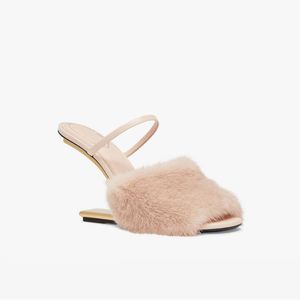 Explosion Diapositives pour femmes sandale pantoufle femmes dorées sandales à talons hauts en vison noir fourrure d'agneau en cuir de veau chaussures de créateur sangle en métal Italie mode eur 35-42