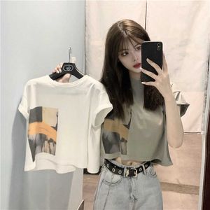 T-shirt blanc ajusté à nombril exposé pour les femmes à la recherche d'une tendance Instagram plus mince 2023 été nouvelle jolie fille imprimé haut à manches courtes vêtements pour femmes