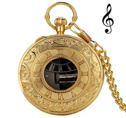 Exquisito reloj de bolsillo con movimiento musical dorado, manivela que reproduce música, cadena de reloj con Número romano tallado, regalos de Año Feliz 314U3063668