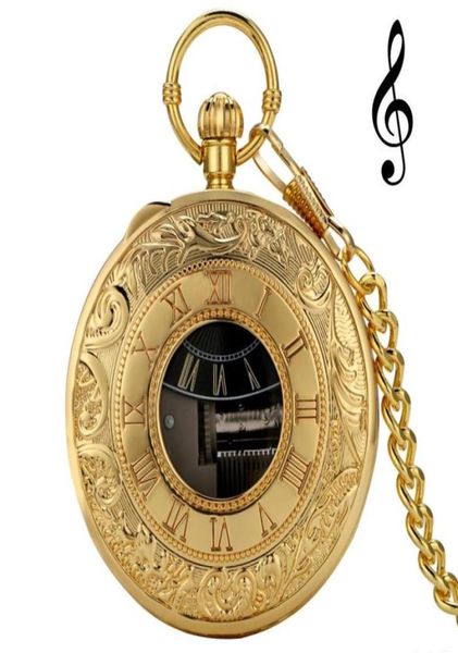 Exquise Gold Musical Movement Pocket Watch Hand Crank jouant une chaîne de musique Chaîne Roman Number Clourd Happy Year Gifts314U3621502