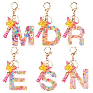 Porte-clés en résine de 26 lettres exquis avec pompon rose, pendentif papillon dégradé, porte-clés pour femmes, ornements de sac, accessoires cadeau