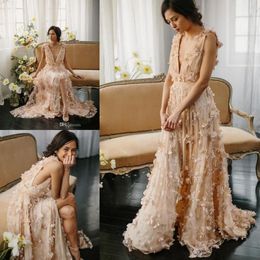 Exquisite 3D-floral applique lange prom jurken avondjurken v-hals feestjurken kant mouwloze zoete romatische gelegenheid afstuderen jurken