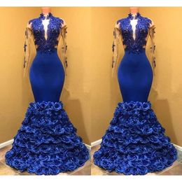 Prachtige 3D bloemen formele jurken pure Long Sleeve Royal Blue Party Dress Lace Applique Pageant -jurken op maat gemaakte avondkleding 0510