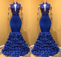 Exquisitos vestidos de noche formales florales en 3D Vestido de fiesta azul real de manga larga transparente Vestidos de desfile con apliques de encaje Ropa de noche por encargo