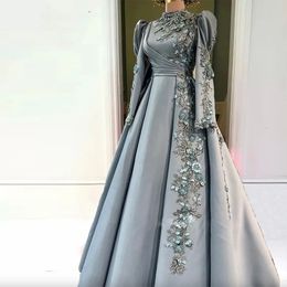 Exquisite 3D Flowers Muslim Women Evening Dresses Pearls Appliques Dubai Caftan Formal Gown for Engagement Ruched Islam Vestido