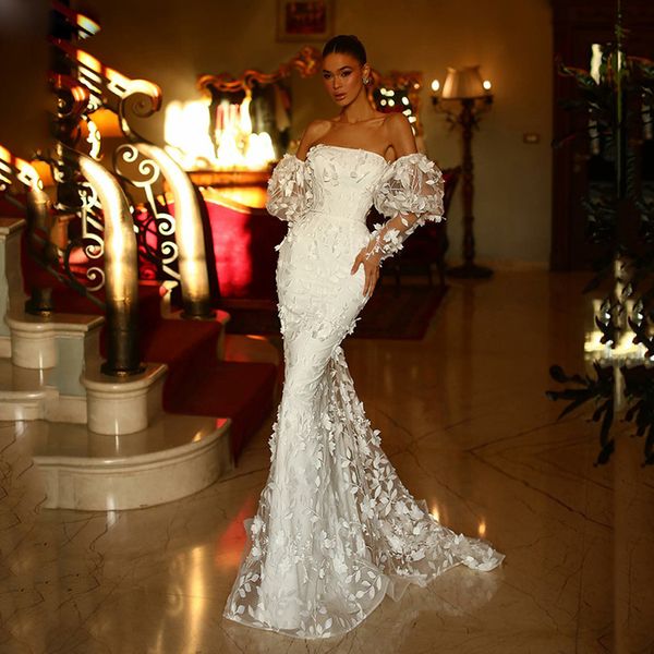 Robe De mariée sirène en dentelle 3D exquise, sans bretelles, avec traîne détachable, Robe De mariée à balayage