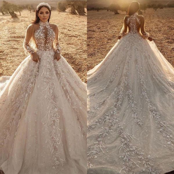 Robe De mariée ligne A en dentelle, avec des appliques De perles, col haut, avec traîne, taille personnalisée