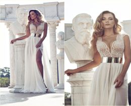 Exquisito Beading Julie Podino en stock Vestidos de novia marfil Vneck Belrt Gold Aline Slit Slit Length Gowns Gowns4861723