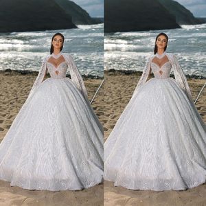 Exquise perles robe de mariée robe de bal sur mesure brillant col haut paillettes dentelle église robes de mariée