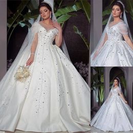 Perles exquises robes de mariée en cristal robe de bal encolure dégagée mancherons longueur de plancher robe de mariée arabe sur mesure