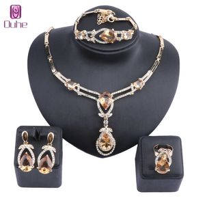 Exquis Champagne Zircon Cristal Collier Boucle D'oreille Bracelet Anneau Ensembles De Bijoux De Mariée Pour Les Femmes Cadeau Fête De Mariage De Bal 2 COULEURS H1022