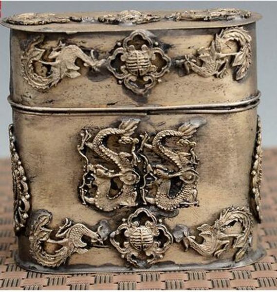 Exquisita caja de palillos de dientes con estatua de Fénix de dragón plateado tibetano de estilo antiguo chino, caja de cigarrillos