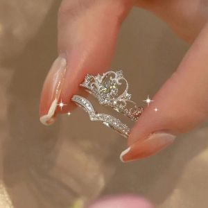 Prachtige kroon zirkoon hartvormige 14K witgouden ring voor damesmode prinses bruid verlovingsring set sieraden cadeau